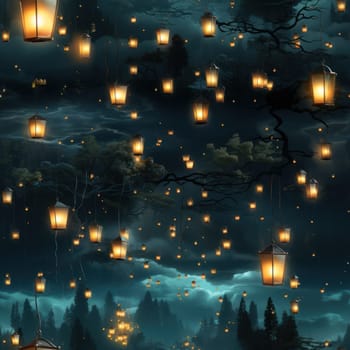 seamless pattern with night sky with moon, stars and Chinese wishing lanterns .pattern for fabric or wallpaper