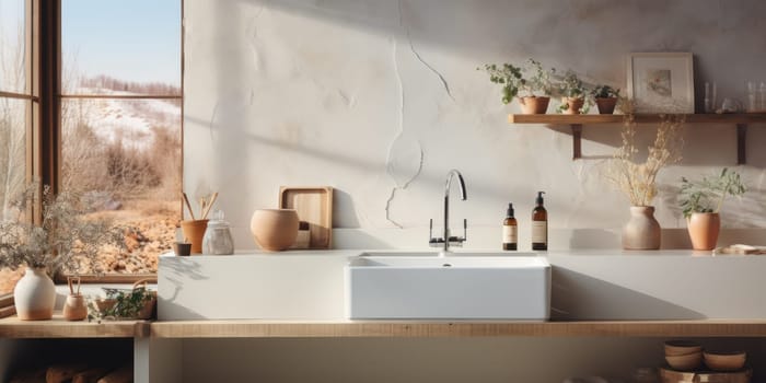 white simple modern kitchen in Scandinavian style, kitchen details, indoor plants in the interior, wooden countertop and light walls