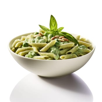 Penne pasta with gorgonzola sauce and spinach on a white background.
