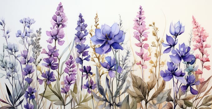 Lavender and purple flowers on a light background. banner.