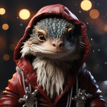 cute dragon in a Christmas atmosphere. little dragon in a red hood against the background of Christmas illumination. New Year.