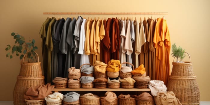 variety of fashionable clothes on hangers.baskets with clothes and capes at the bottom.presentation of fashionable clothes in gradient order