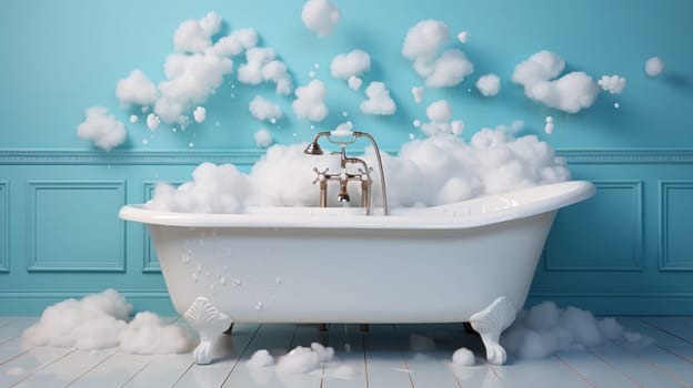 white claw-foot bathtub with foam and soap bubbles in a blue room. fantasy background.