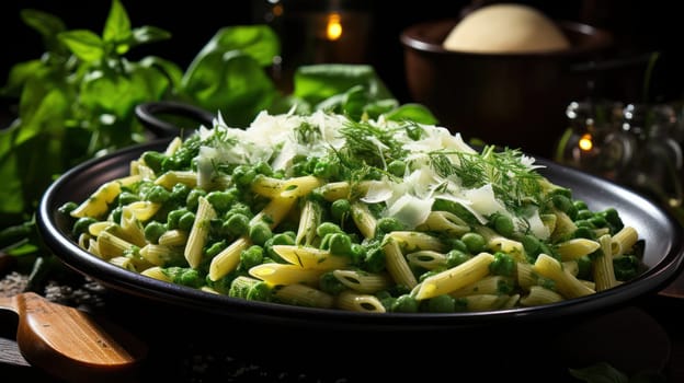 Penne pasta with gorgonzola sauce and spinach.