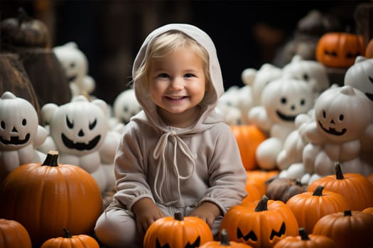 little girl among many pumpkins and toys in the store, children's Halloween, dark background.