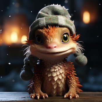cute dragon in a Christmas atmosphere. little dragon in a green hat against the background of Christmas illumination. New Year.