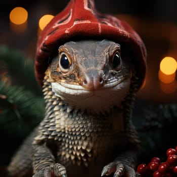 cute little dragon in a red Christmas cap against the background of festive New Year's illumination.