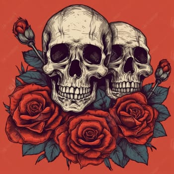 colorful sugar skull decorated with intricate floral patterns on a red background.