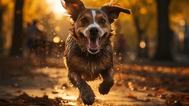 A dog runs through fallen leaves in an autumn park along a path wet from the rain.