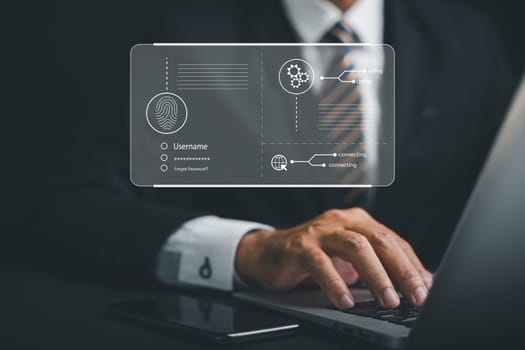 Futuristic biometric fingerprint scanner unlocking digital access to financial data, ensuring security and privacy. Global network scanning and surveillance cyber applications. digital identification