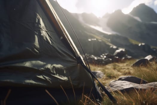A scenic mountain view with a tent pitched in the foreground, perfect for showcasing the beauty of nature and the thrill of camping and hiking. AI Generative.
