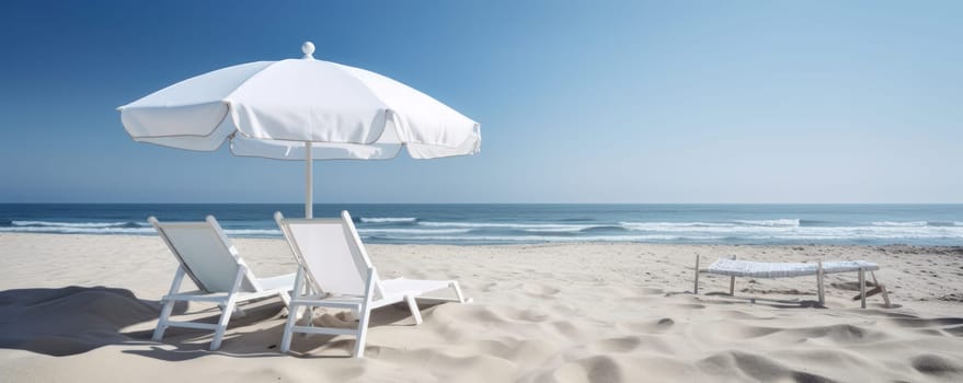 Bask in the warm sun and admire the breathtaking view of the ocean from two beach chairs and umbrellas on the pristine beach. AI Generative.