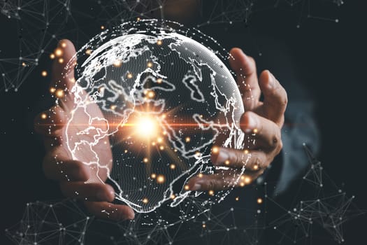 Empowering Business Intelligence, A man utilizes a digital interface to analyze big data, unlocking strategic advantages in global economy. world map composition signifies interconnected of business.