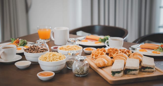 Breakfast served food with beverage coffee, orange juice on table in the morning at home, Fresh and bright continental breakfast healthy