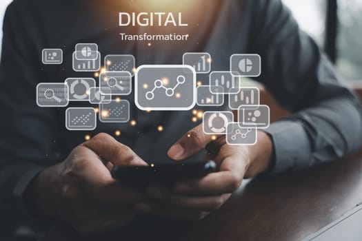 Business performance concept, People analyzing graphs on virtual screen. Digital transformation change management, big data analytics