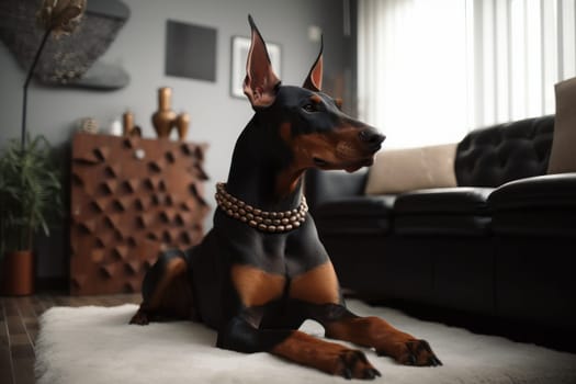 Black and brown dog sitting on a comfortable couch, enjoying some quality indoor time with its owners and taking a well-deserved rest. is AI Generative.