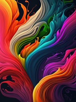 Rainbow liquid paints on black background. Generative AI drawing
