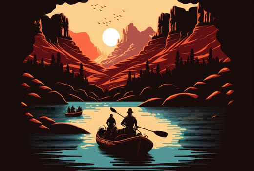 Boats on the water and mountains abstract flat rafting background. Generative AI design