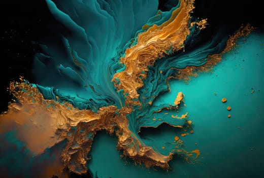 Liquid golden and turquoise grunge abstract background. Generative AI design