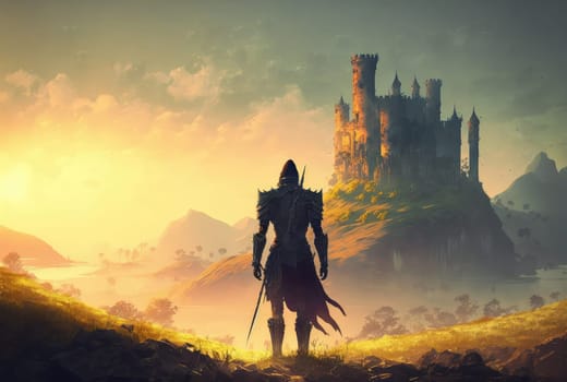 Fantasy landscape with warrior and castle. Generative AI drawing
