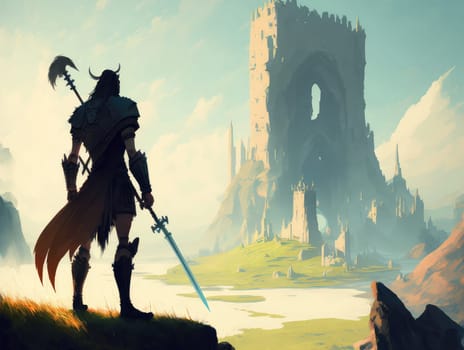 Fantasy landscape with warrior and castle. Generative AI drawing