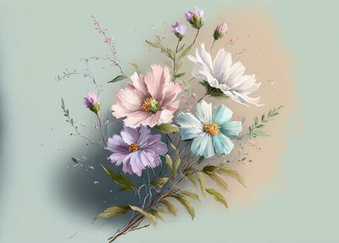 Spring tulips and leaves drawn in watercolor style. Generative AI design