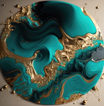 Liquid golden and turquoise material abstract background. Generative AI design
