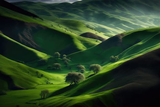 Green hills and valley summer landscape. Generative AI design