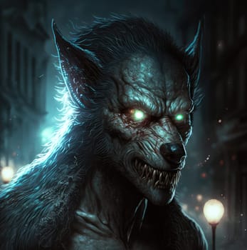 Scary werewolf with glowing eyes. Generative AI drawing