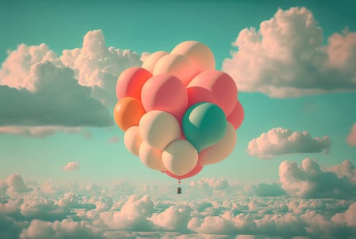 Balloon airship on cloudy sky. Generative AI design