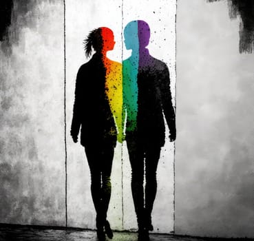 Black silhouettes with LGBTQ colors on grunge wall. Generative AI drawing
