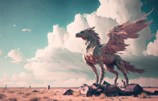 Griffin on cloudy sky background. Pastel watercolor. Generative AI drawing