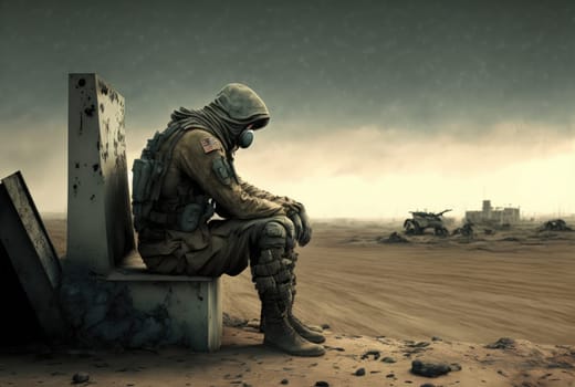 Soldier on apocalyptic landscape. Generative AI design
