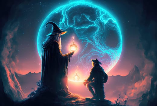 Magical landscape with wizard. Generative AI drawing