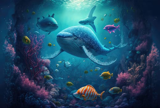 Underwater world with colorful fish. Generative AI design