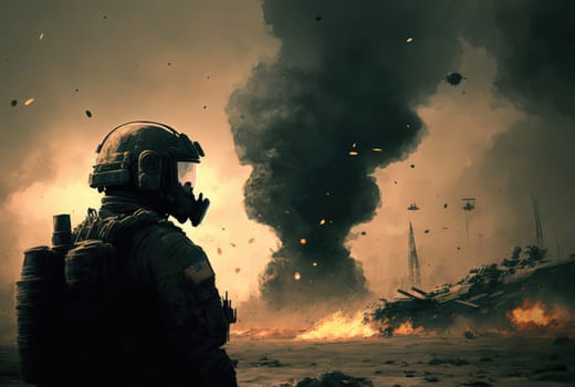 Soldier on the background of explosion. Generative AI design