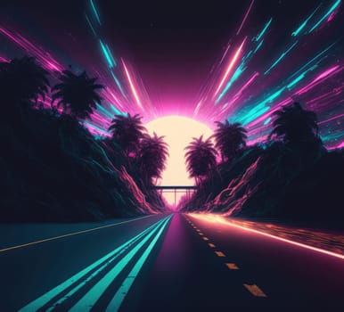 Retro neon landscape with road. Generative AI design