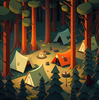 Night landscape in flat style with tents, campfire and forest. Generative AI illustration