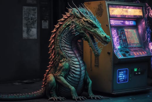 Chinese dragon and cryptomat on the street. Generative AI design