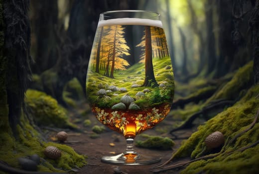 Glass of beer in forest landscape. Generative AI design