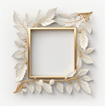 Golden square frame with white leaves. Generative AI design