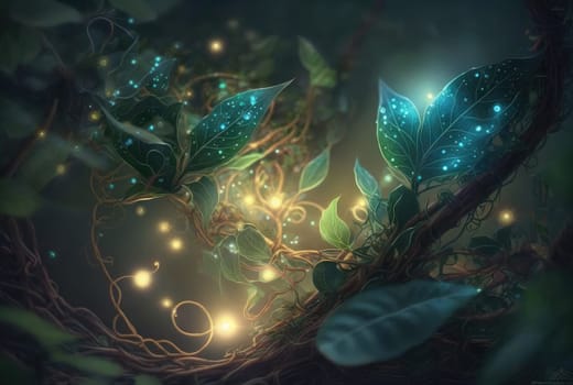 Shiny glowing magical leaves close-up. Generative AI design