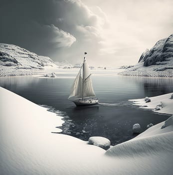 Sailboat in the winter snowy sea. Generative AI design