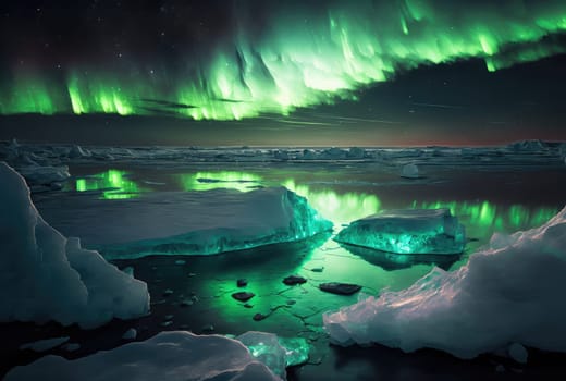 Icy sea and aurora in the sky. Generative AI drawing