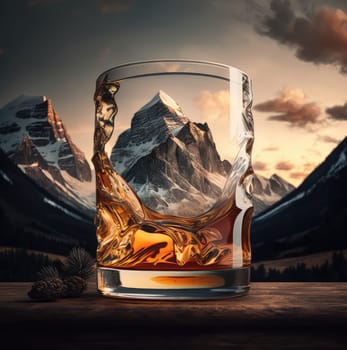 Glass of whiskey on mountain landscape background. Generative AI design