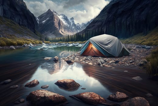 Mountain landscape with camp tent. Generative AI design