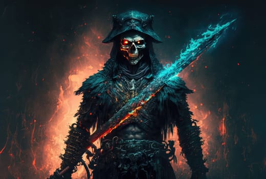 Skeleton in armor against a fire background. Generative AI drawing