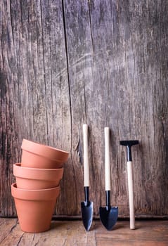 Plant clay pot and gardening tool on vintage wooden background still life. Houseplant growing hobby and spring flower care at home. Flower shop design banner. Springtime gardening concept.