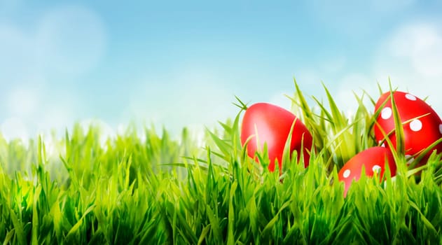 Red easter eggs hide in green grass. Easter holiday and springtime design background.