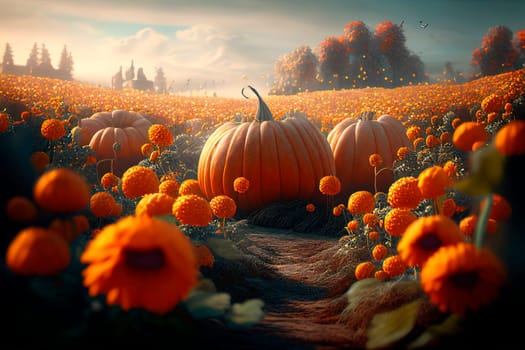 Thanksgiving pumpkins in countryside field with sunflowers. Fantasy landscape with colorful harvest pumpkin crop. Holiday autumn magic scene background.